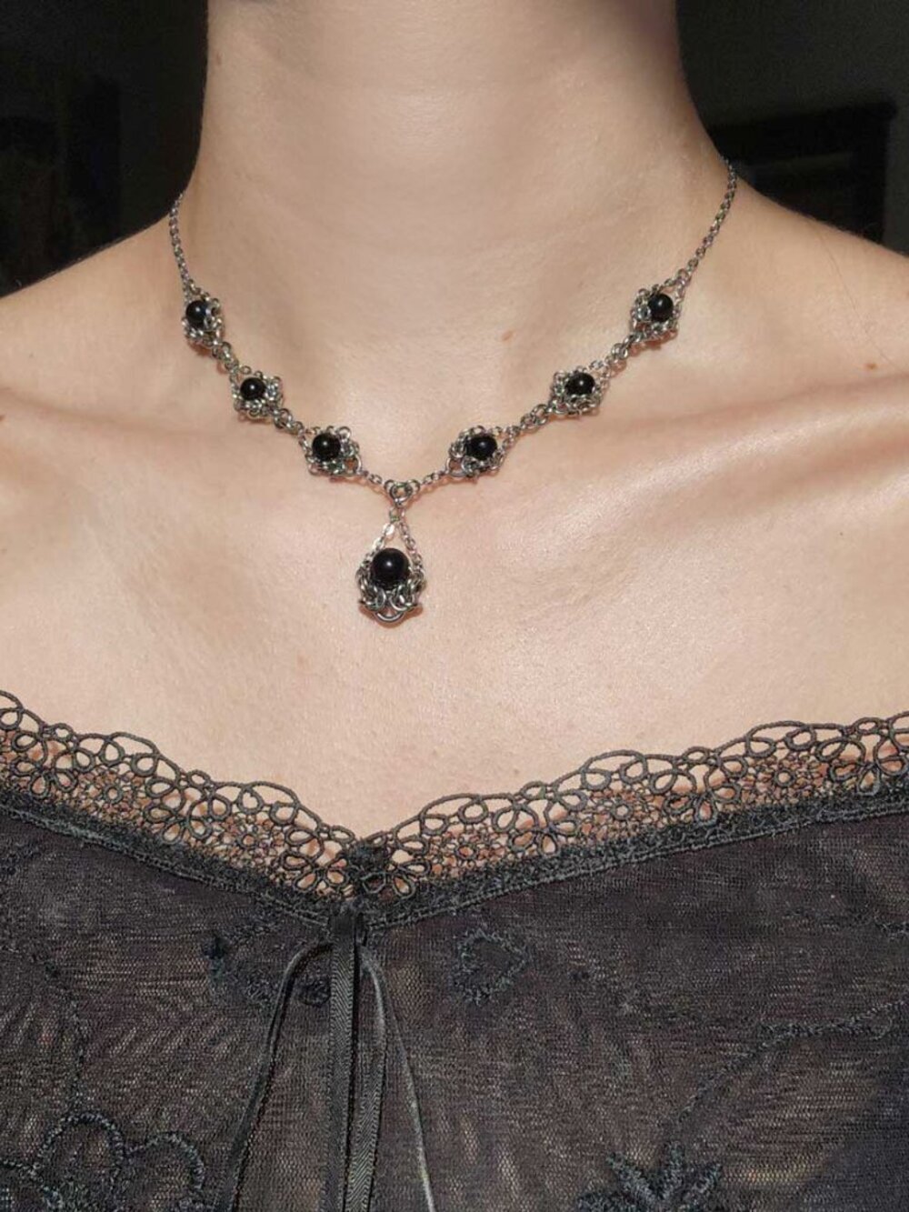 Vintage Victorian Gothic style black onyx and silver necklace